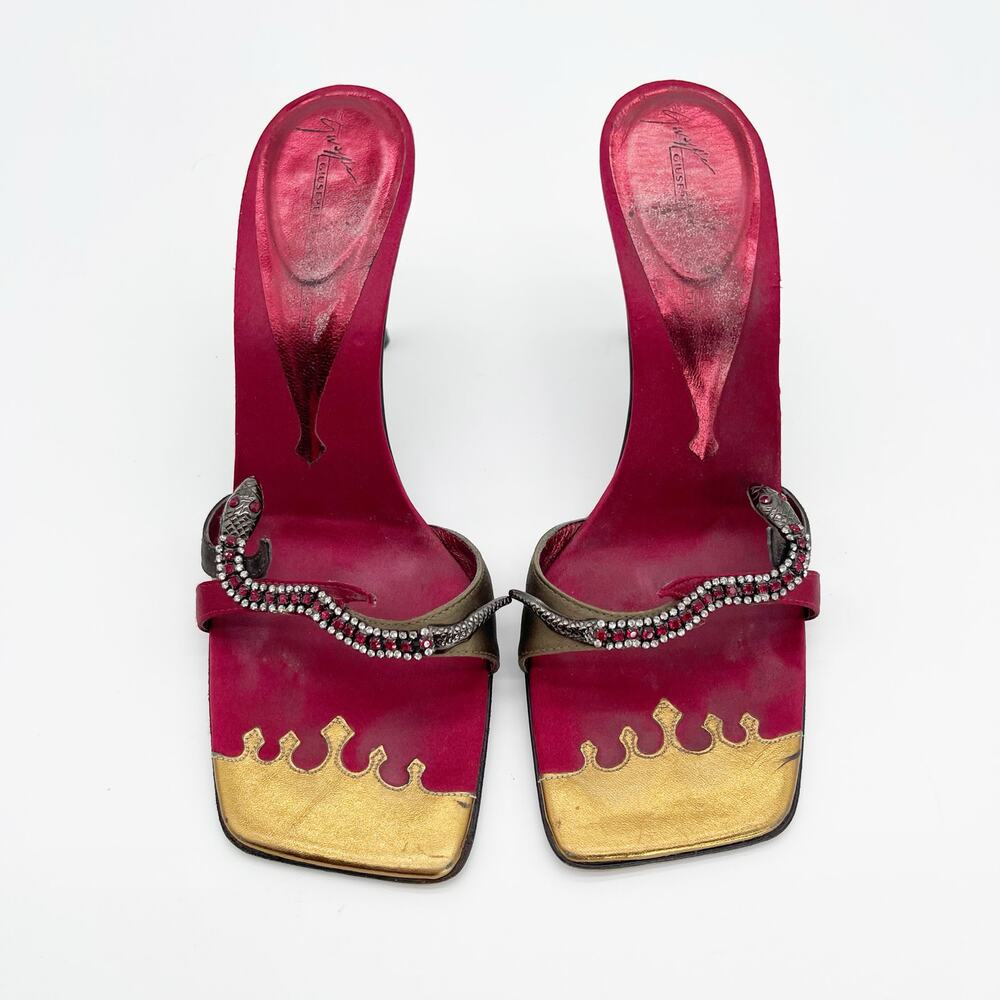 Giuseppe Zanotti Vicini Vintage Crystal Snake Red Gold Square Toe Mules IT 38 - Picture 6 of 11